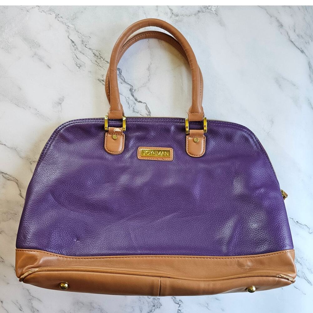 Joy & Iman Purple Tan Pebbled Leather Satchel Large Double Handle Work Tote Bag